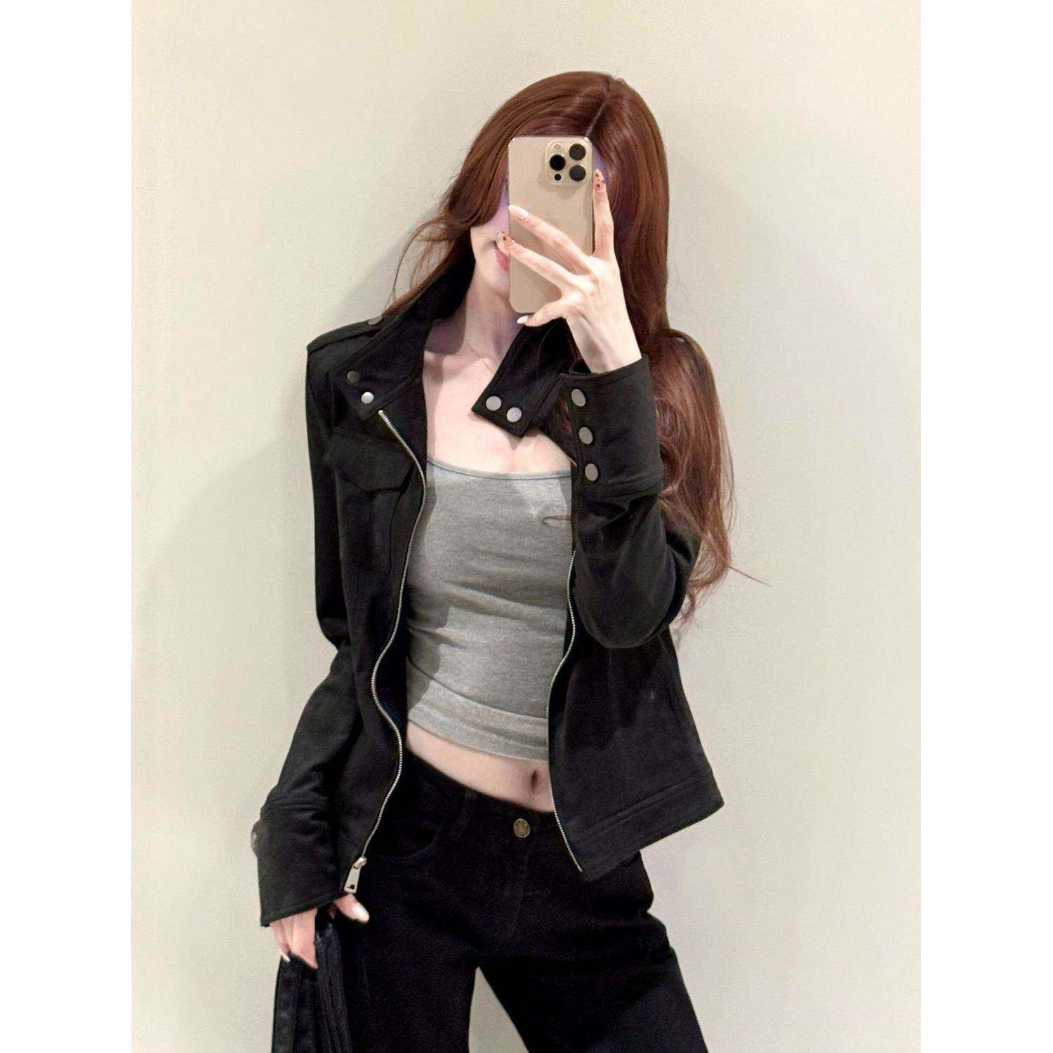 复古黑色麂皮绒外套女春秋2026新款宽松设计感休闲立领春夏夹克潮