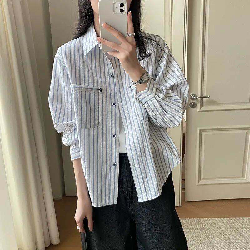 简约蓝条纹衬衫女长袖2026春秋女装新款翻领上衣韩版休闲女式衬衣