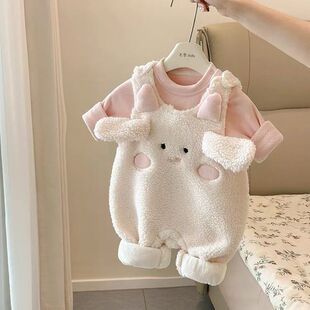 婴儿秋冬套装2025新款女宝宝加绒打底衫夹棉背带裤冬季衣服两件套