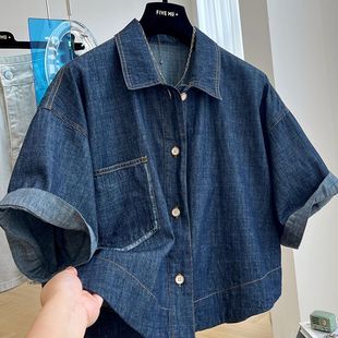 高级感独特轻奢复古柔软短袖牛仔衬衫女薄款夏季宽松休闲上衣外套