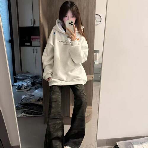 美式连帽简约字母加绒卫衣男女春夏新款宽松慵懒甜酷小众百搭上衣
