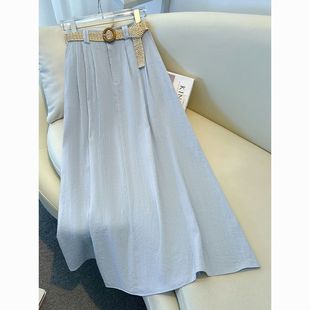 蓝色冰丝百褶半身裙长款女2025新款梨型身材遮胯高腰a字大摆伞裙