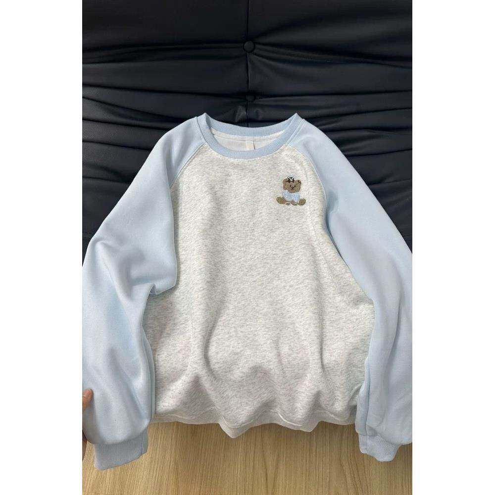 韩系复古可爱小狗刺绣薄款卫衣男女春夏加绒宽松百搭减龄圆领上衣