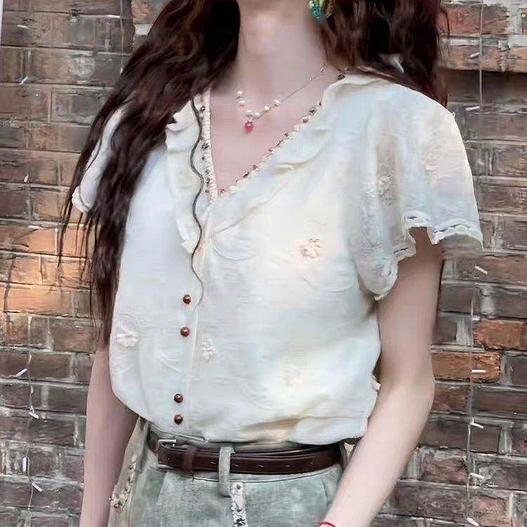 法式领衬衫女士夏季2026新款时尚显瘦减龄洋气复古蕾丝短袖上衣