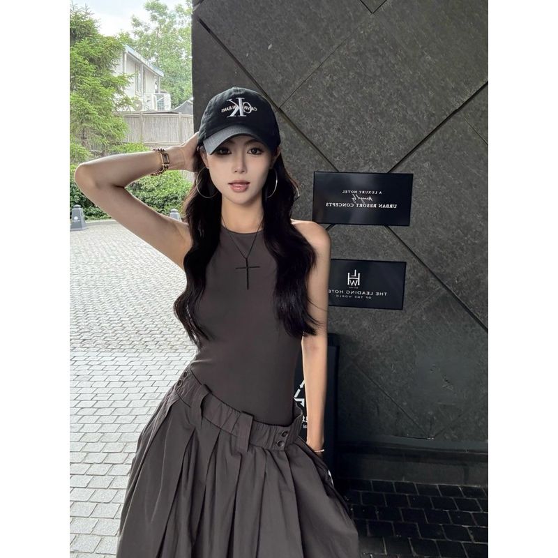 拼接假两件灰色吊带连衣裙女夏季气质高腰大摆长裙设计感a字裙子