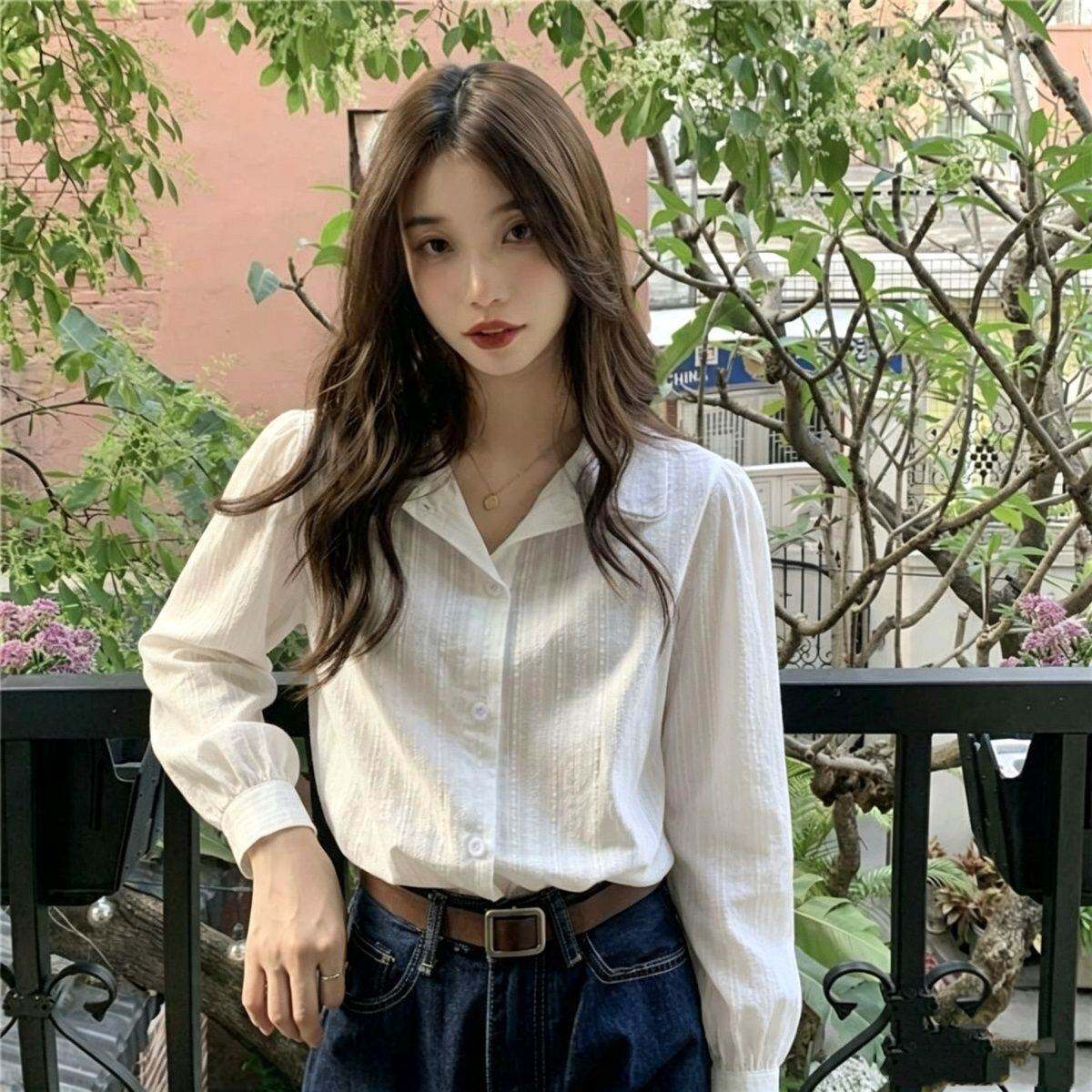 棉提花娃娃领白衬衫女春秋新款韩系减龄长袖衬衣百搭叠穿上衣