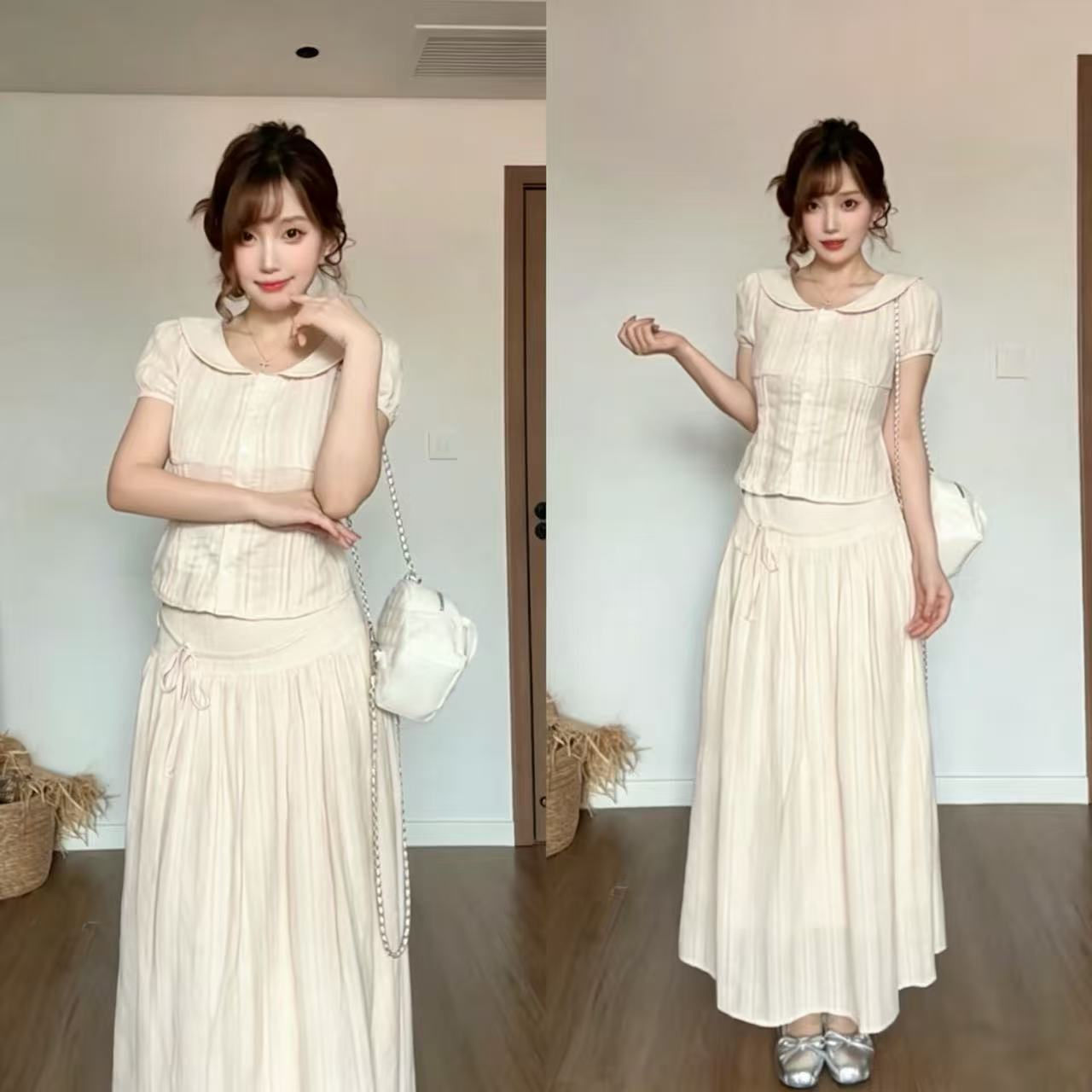 胖妹妹夏季2026超火韩系穿搭一整套减龄娃娃领上衣半身裙女装套装