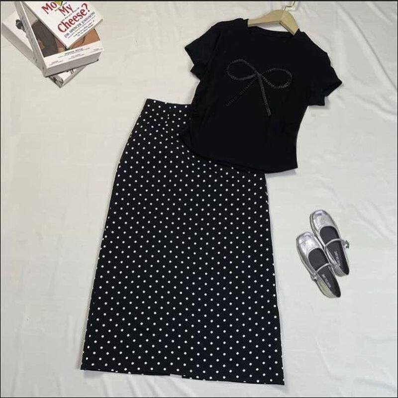 夏装大码搭配一整套蝴蝶结上衣显瘦雪纺波点半身裙减龄时髦套装潮