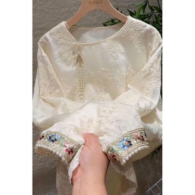 新中式重工刺绣国风蕾丝衬衫女士秋装轻奢高级感长袖上衣洋气小衫