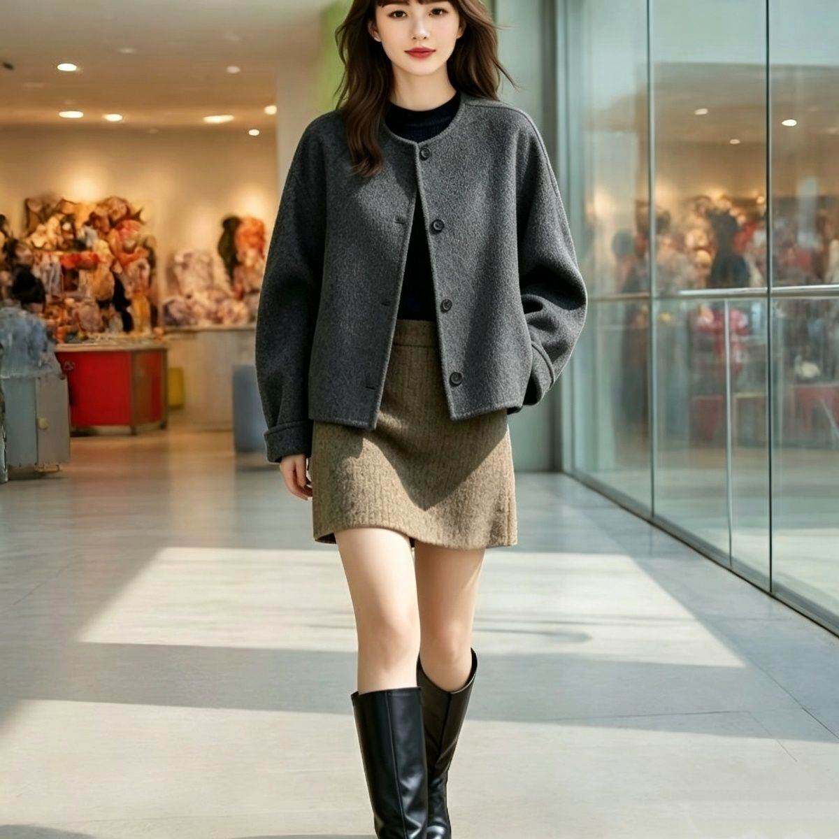 2026反季新款双面羊毛大衣女短款小香风韩版宽松小个子羊毛呢外套