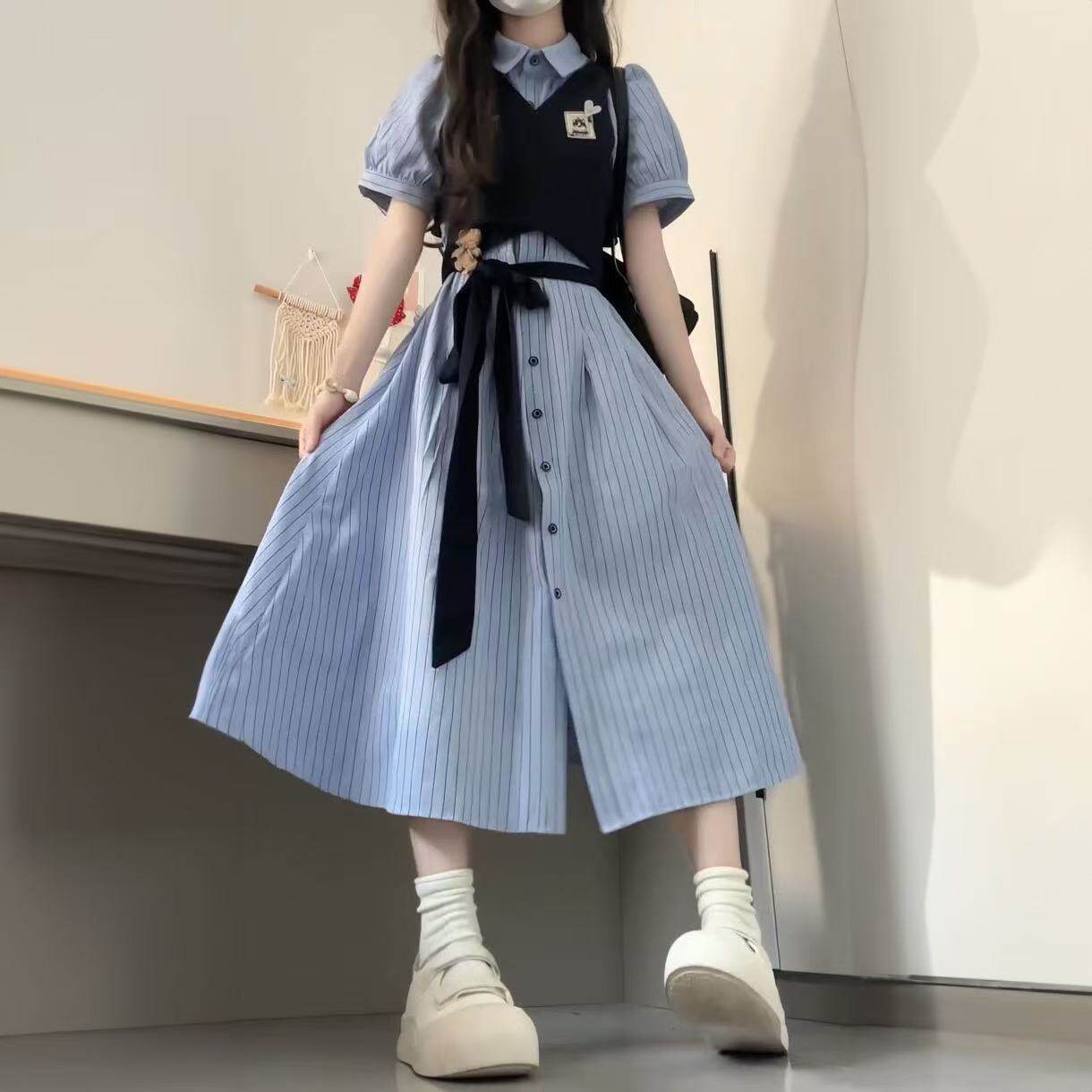 法式时尚条纹连衣裙少女夏季高中初中学生气质显瘦休闲衬衫长裙子