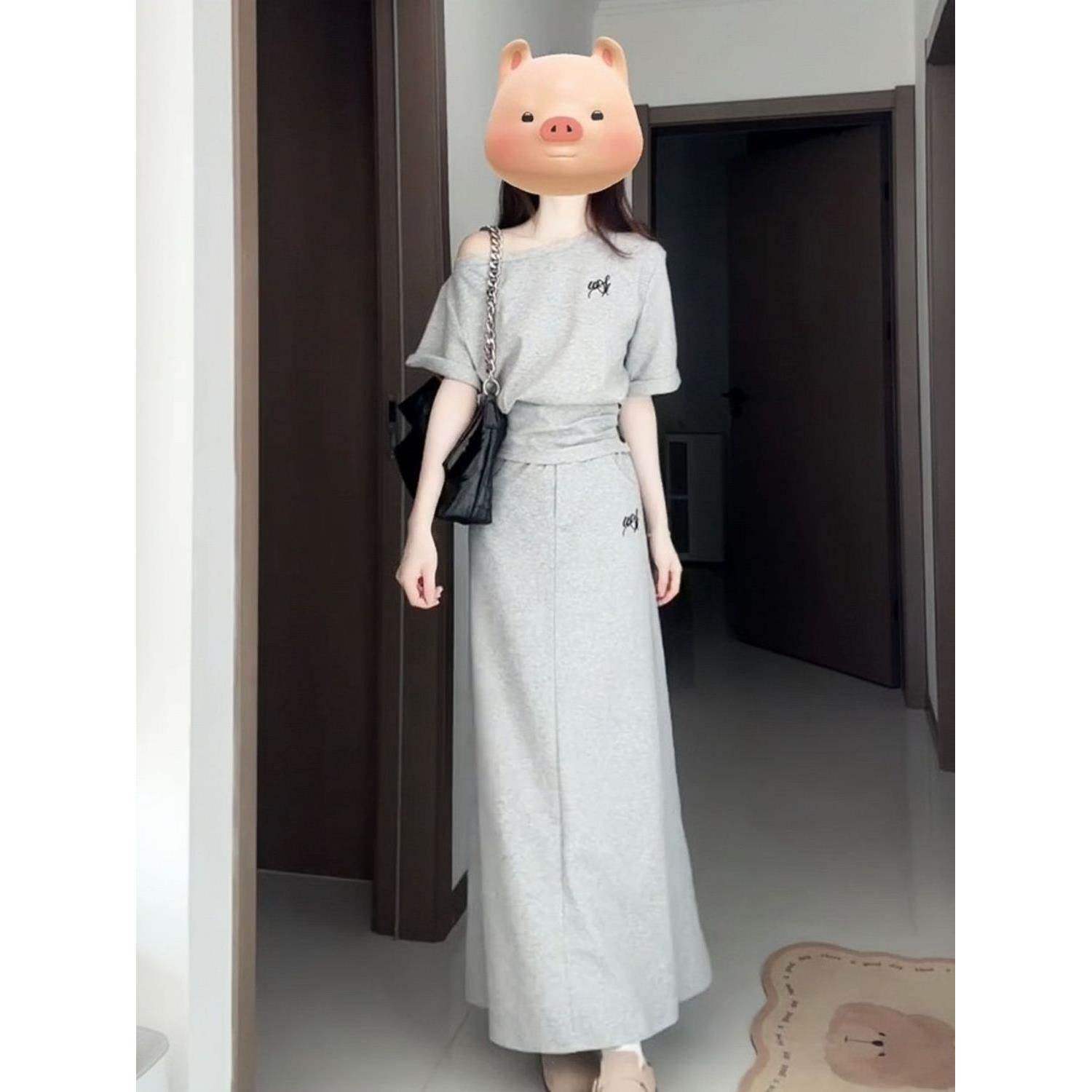 韩系慵懒风休闲运动套装女夏季时尚短款斜肩短袖长裙半身裙两件套