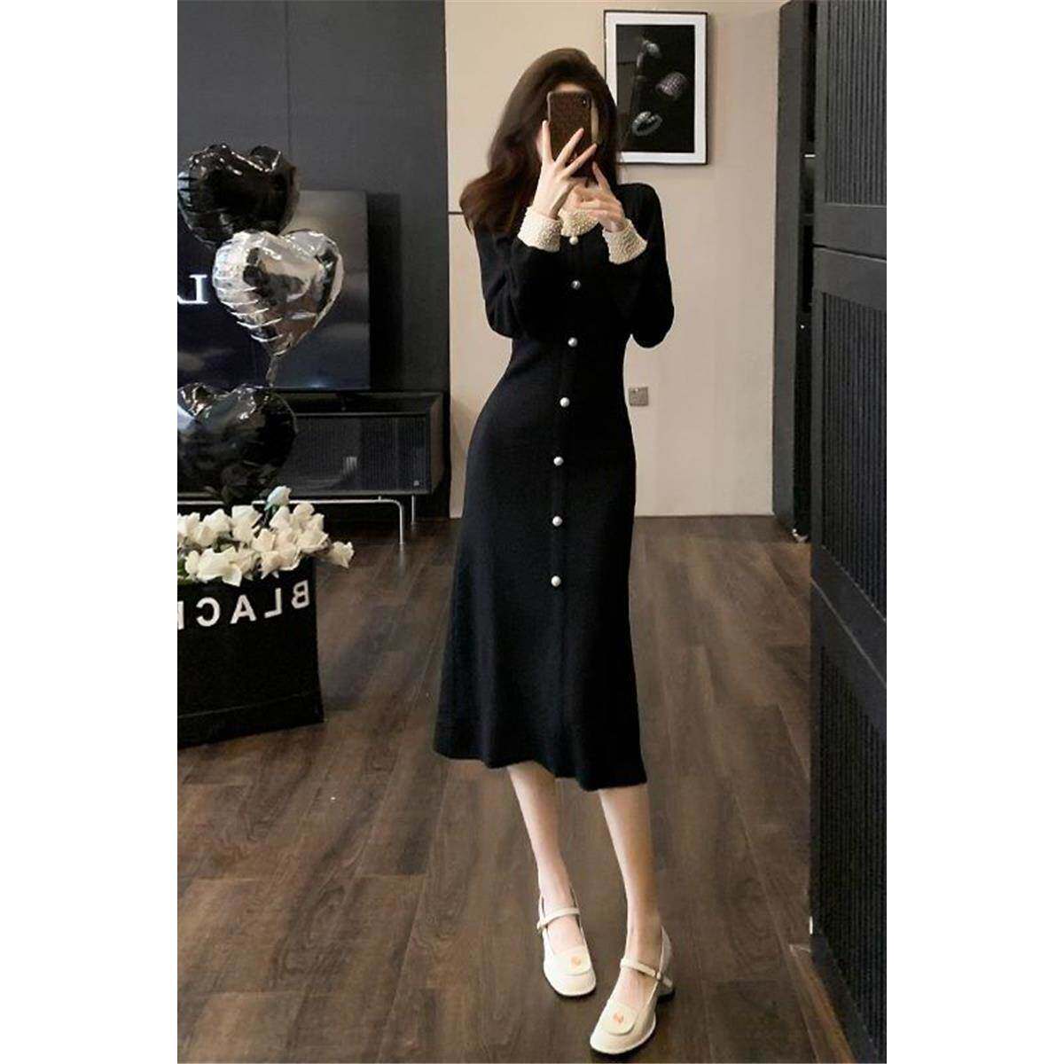 黑色法式针织连衣裙女春夏显瘦气质高级感超好看打底长款毛衣裙子