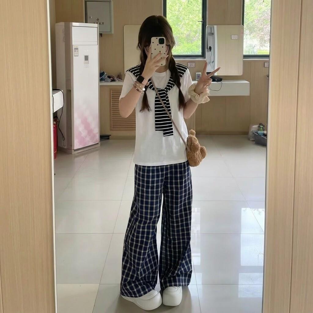 16少女夏装15岁初中学生披肩恤13女孩宽松韩版甜美格子裤两件套