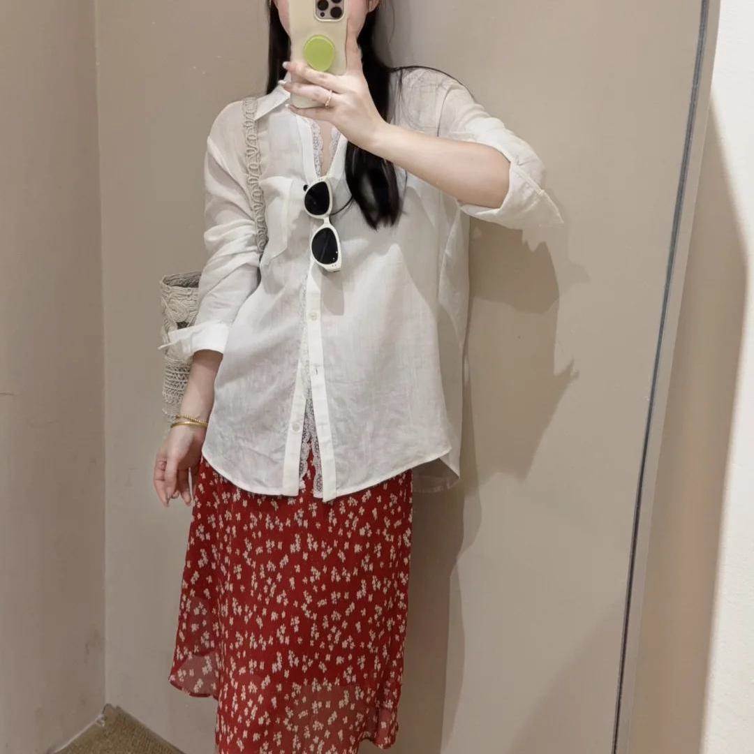 老钱风棉白色蕾丝拼接衬衫女夏韩系宽松薄款防晒衫