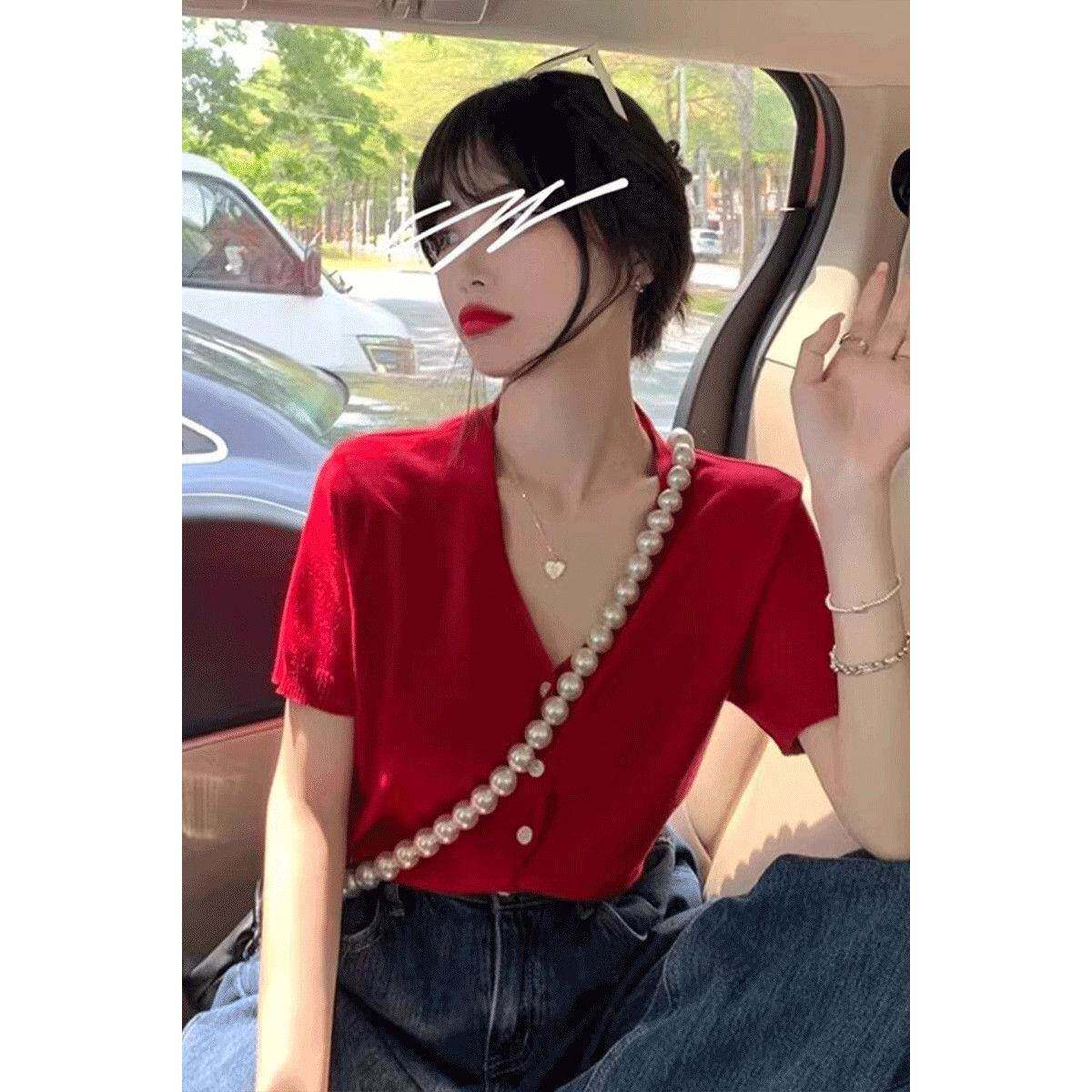 法式红色领正肩短袖恤女夏季薄款针织开衫小个子宽松设计感上衣