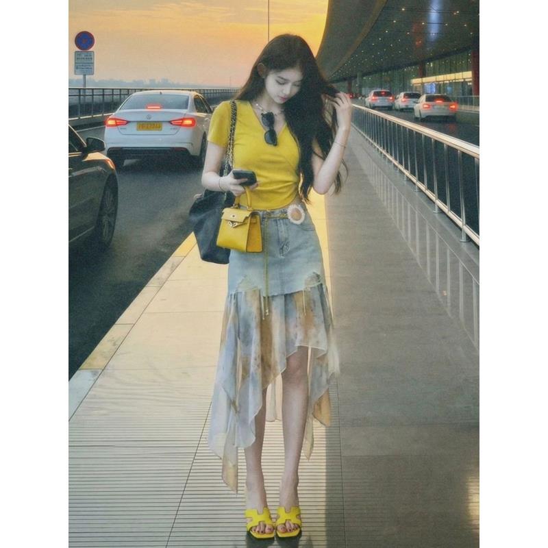 2026巨好看的套装女夏修身减龄超火短款上衣拼接牛仔裙两