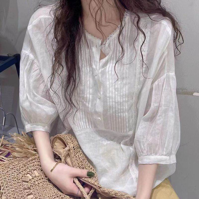 2026夏季日系纯色甜美遮肉显瘦蕾丝花边单排扣五分袖衬衫女上衣潮