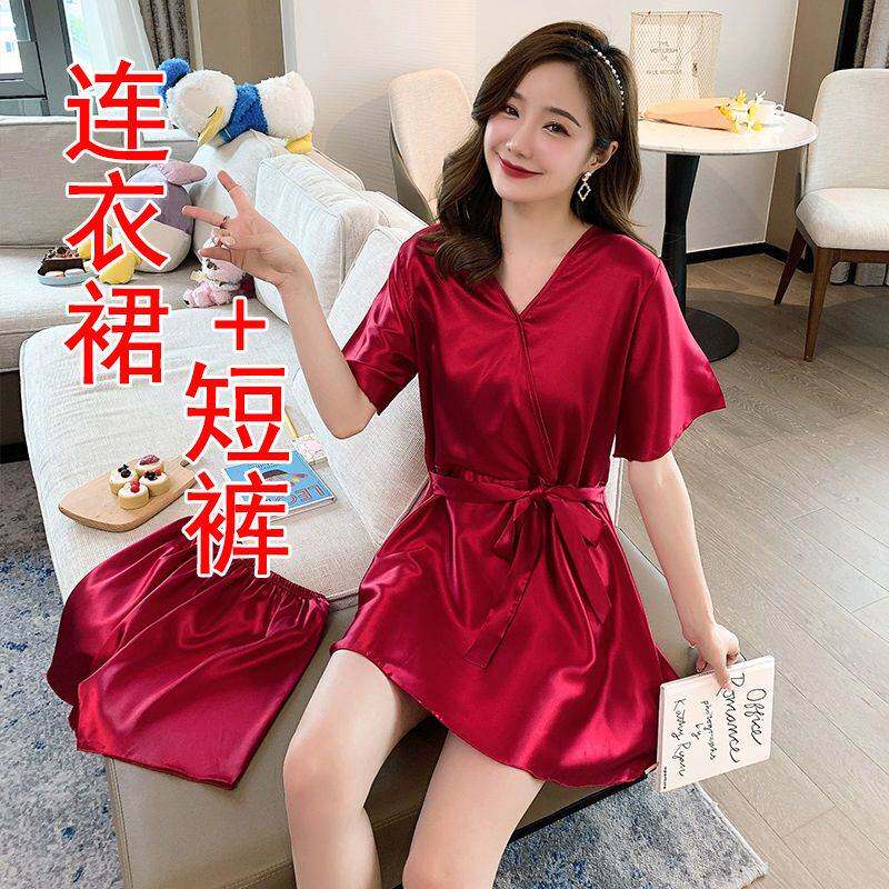 网红纯色睡裙女夏薄款性感冰丝学生韩版可爱迷人连衣裙两件套睡衣