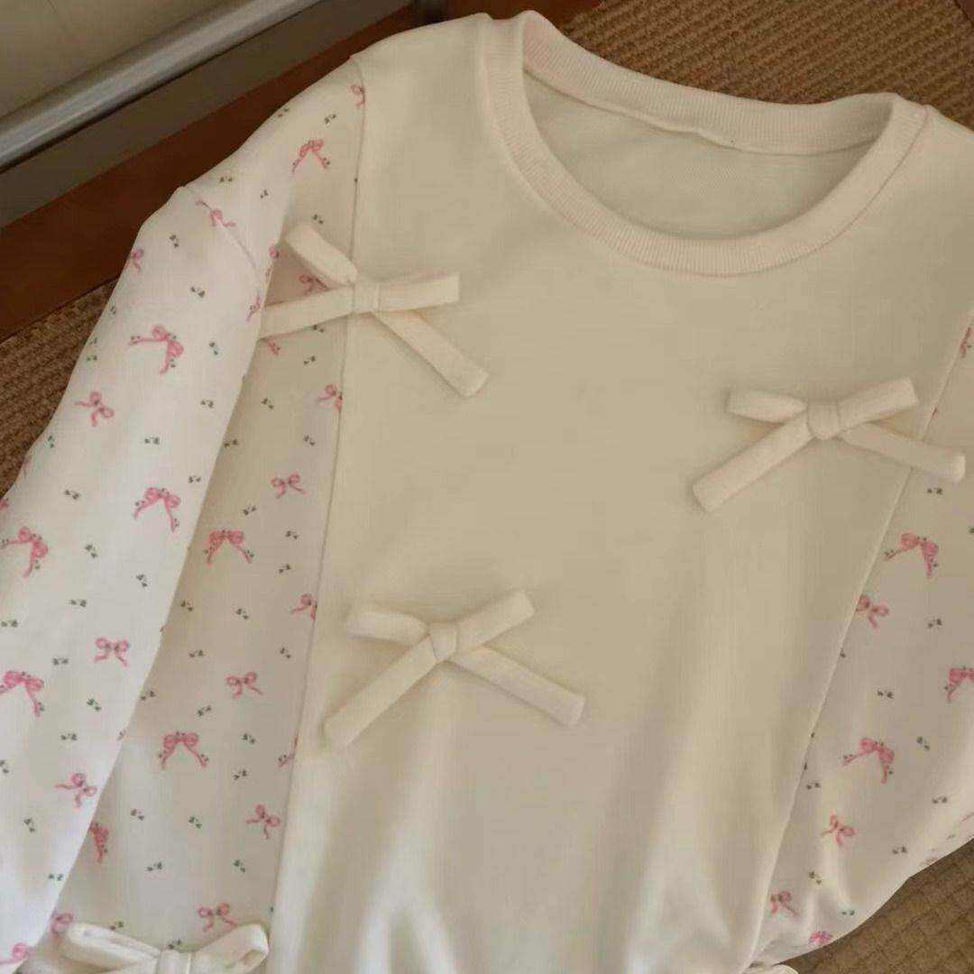 刘掌柜蝴蝶结碎花薄款无帽卫衣女春春季慵懒宽松圆领上衣
