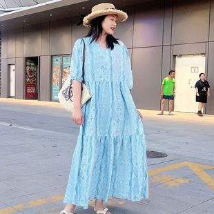 夏季薄款宽松大码胖mm显瘦遮肚子棉绸收腰碎花裙v领长款连衣裙女