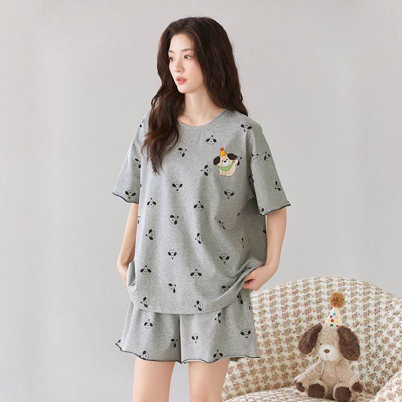 棉睡衣女士短袖短裤夏季棉薄款套头圆领可外穿家居服