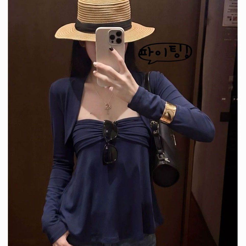 韩系开衫长袖女春秋设计感显瘦抹胸小众藏青色气质修身两件套