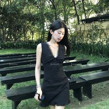 Joeyoo李乔优 时光花园 黑色连衣裙女夏蕾丝V领无袖a字短裙小黑裙