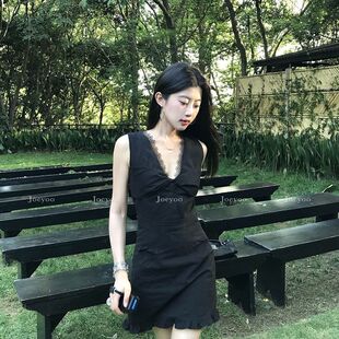 Joeyoo李乔优 时光花园 黑色连衣裙女夏蕾丝V领无袖a字短裙小黑裙