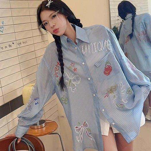 0627新品彩绘印花蓝色竖条纹薄款防晒衬衫女气质宽松衬衣