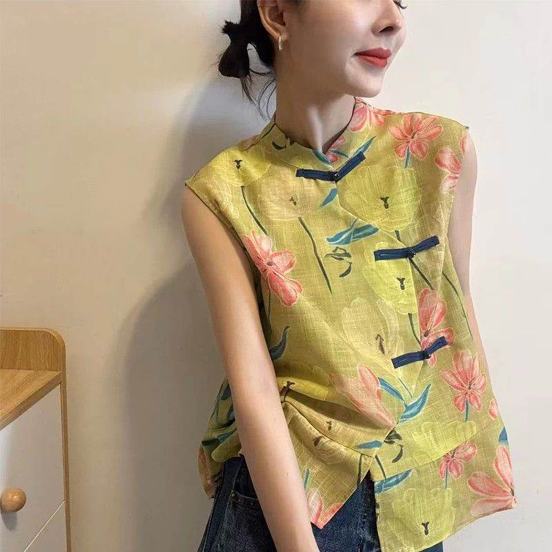 新中式花卉印花立领盘扣无袖衬衣女2026夏季款清新国风荷叶摆上衣