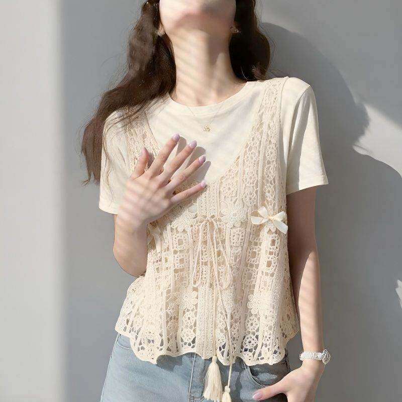 波西米亚风杏色蕾丝钩花镂空吊带背心女夏季无袖叠穿罩衫外穿上衣
