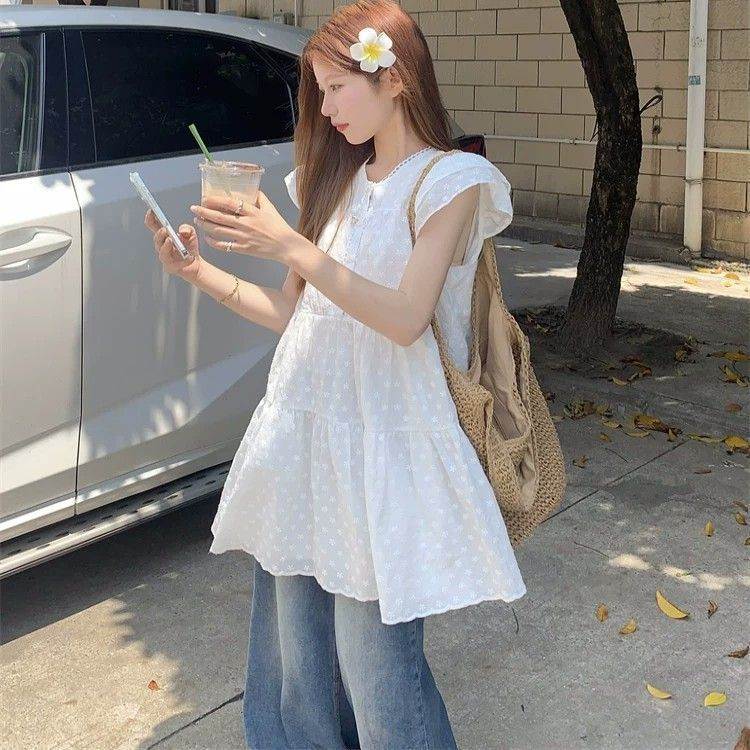大码胖法式白色蕾丝拼接连衣裙女夏季新款设计感小众宽松短裙子