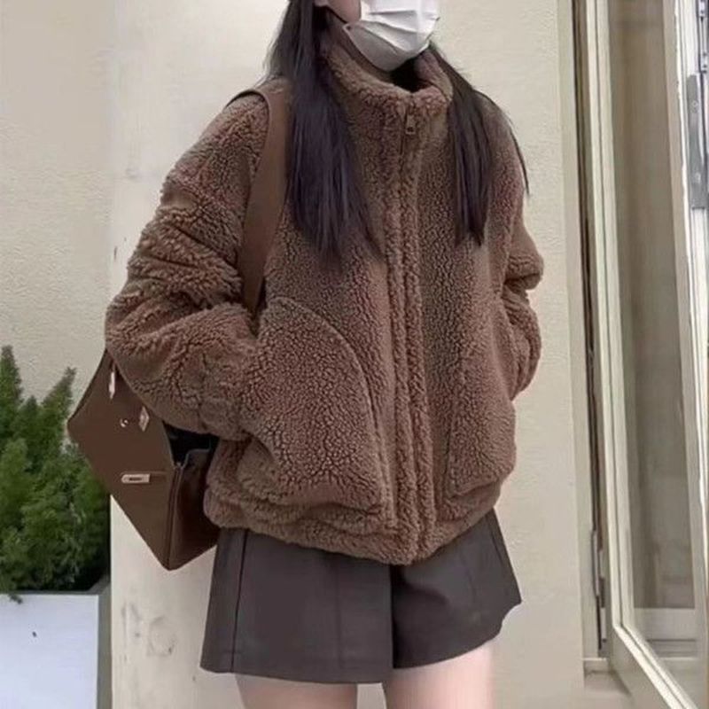 羊羔毛外套女2024秋冬季短款韩版上衣长袖仿羊羔绒立领小个子外套