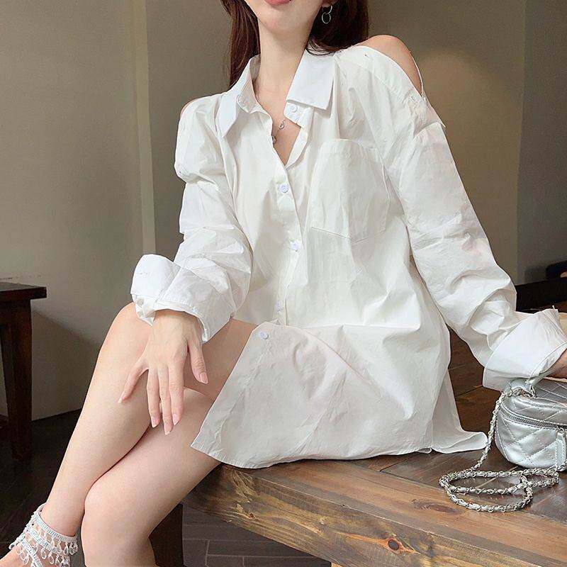 露肩棉白色衬衫女春秋季新款宽松百搭设计休闲慵懒男友长袖衬衣