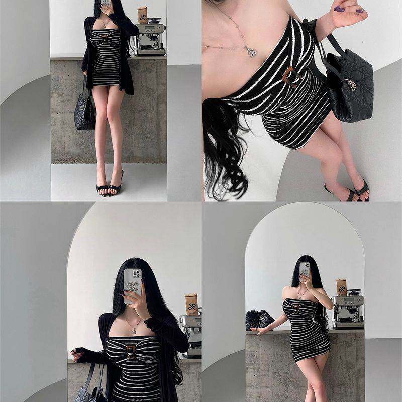 纯欲风性感条纹抹胸收腰褶皱包臀连衣裙长袖开衫套装网红爆款套装