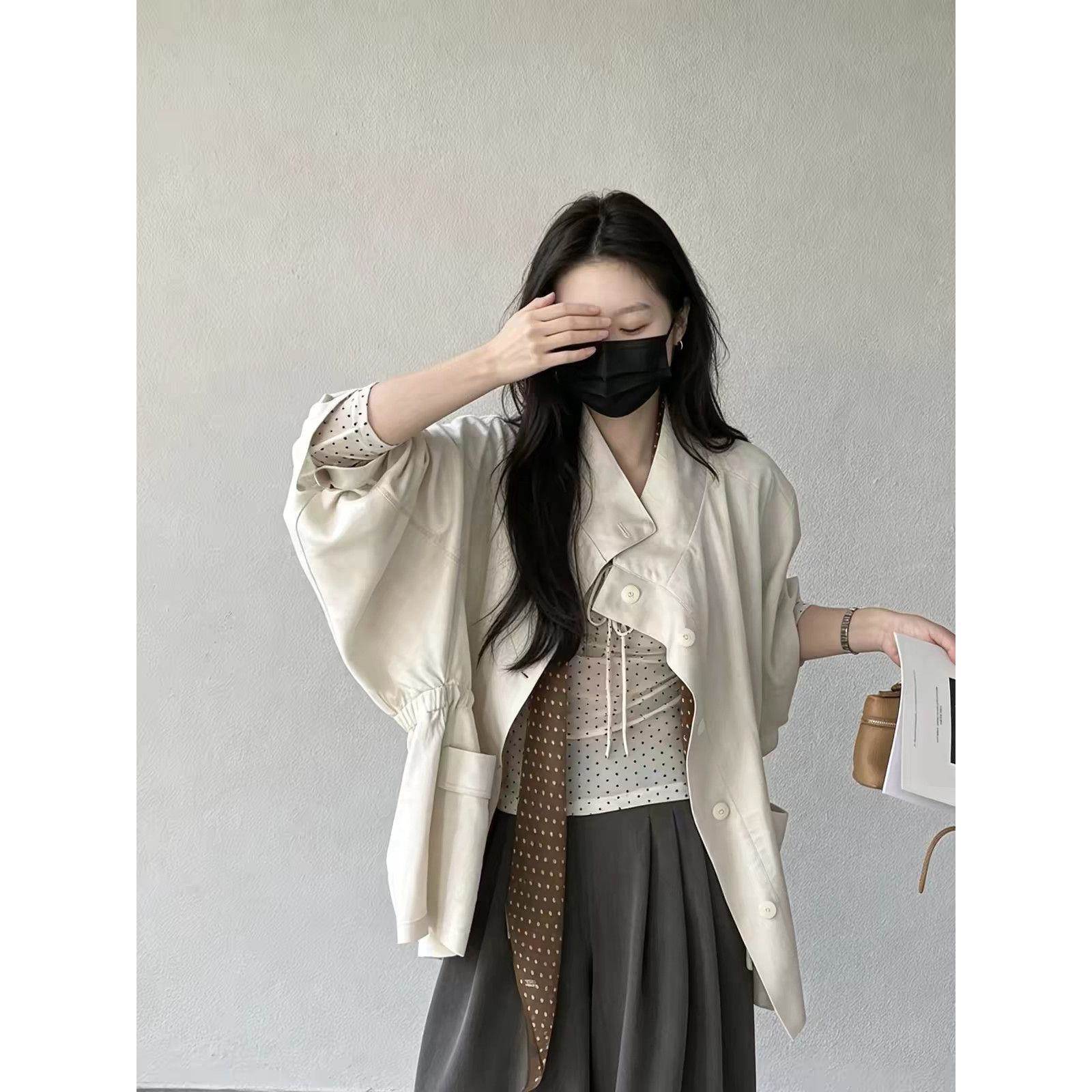 极简风天丝亚麻风衣外套女2026春秋薄款中长款小个子收腰系带立领