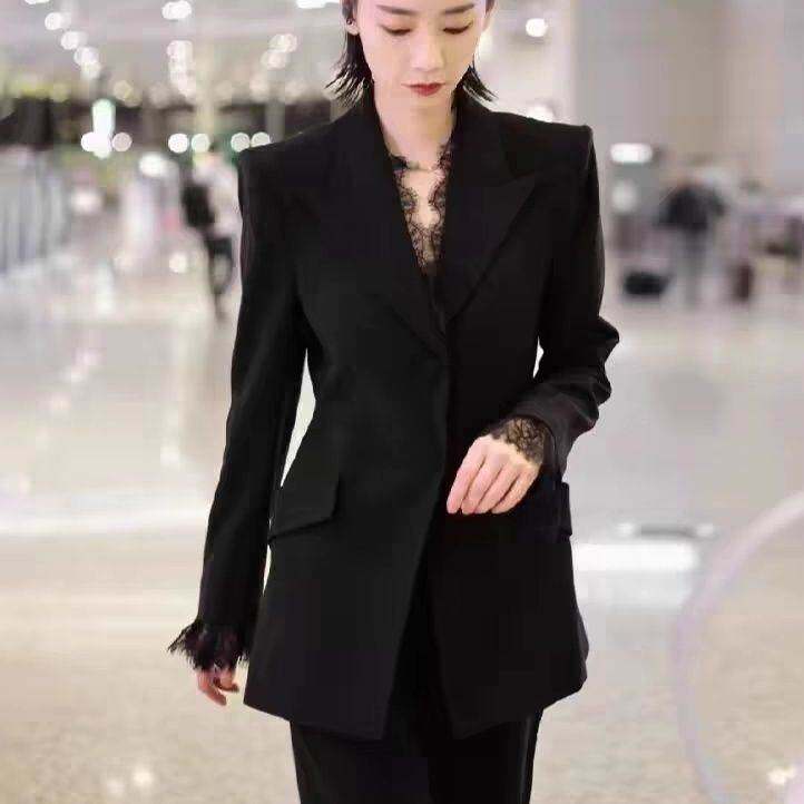法式蕾丝拼接西服外套女2026春季新款小个子高级感收腰显