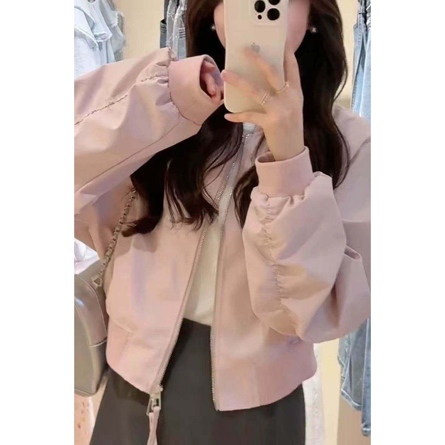 美式浅粉色短款棒球服外套春秋新款简约时尚百搭宽松休闲上衣女