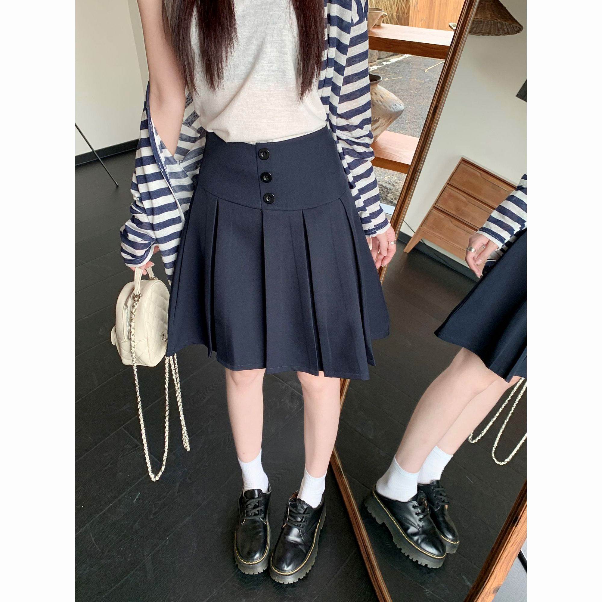 学生夏季单排扣设计感外穿百褶裙女气质高腰显瘦字半身裙26中裙