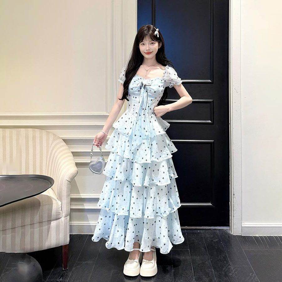 精致法式千金风波点显瘦甜美风公主裙长款蛋糕连衣裙
