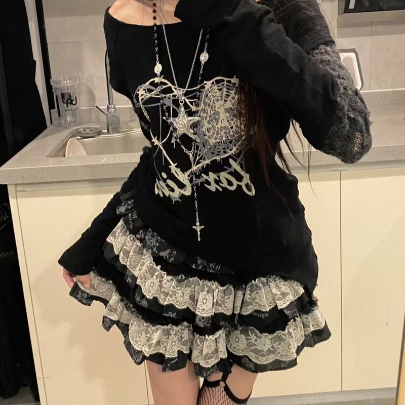 y2k朋克暗黑亚文化原宿蕾丝辣妹蛋糕裙夏季洛丽塔高腰蓬蓬裙短裙