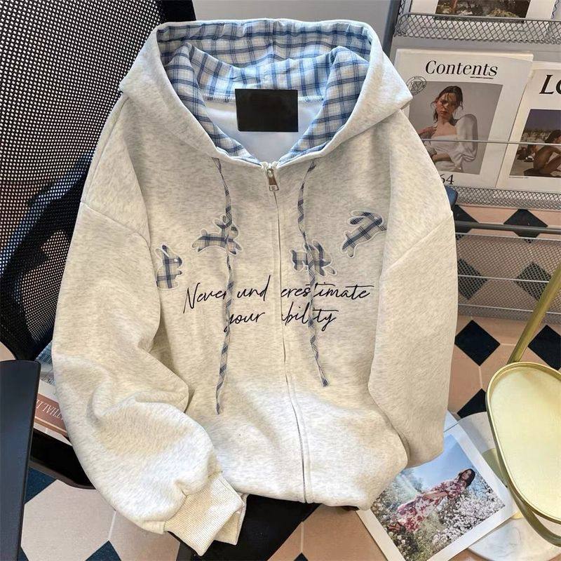 美式复古刺绣字母灰色连帽卫衣男女小众设计感情侣款开衫痞帅外套