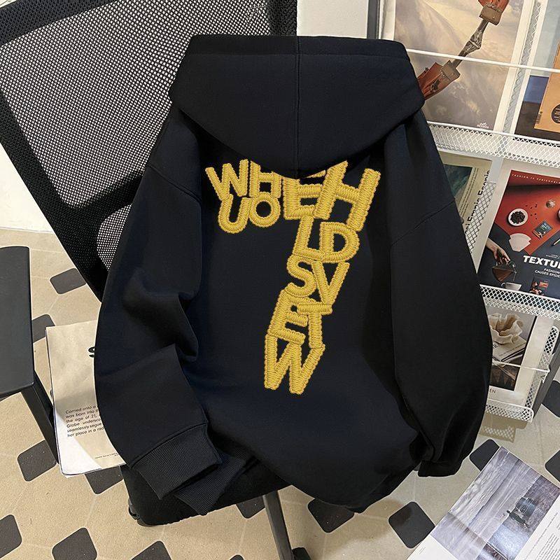 美式黑色仿刺绣字母大7印花连帽卫衣女秋冬加绒加厚显瘦情侣上衣