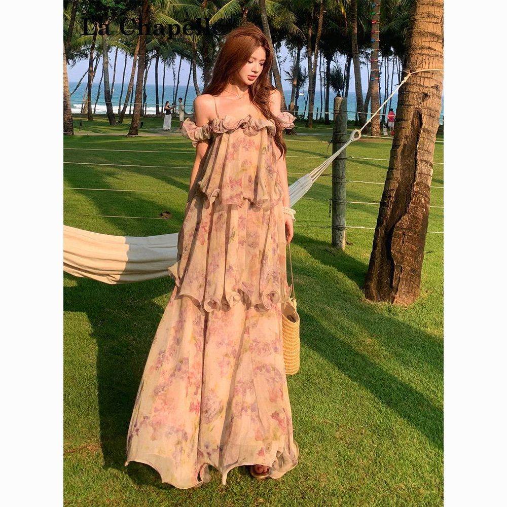 法式碎花长款连衣裙女2026夏季新款高级感吊带度假蛋糕裙子