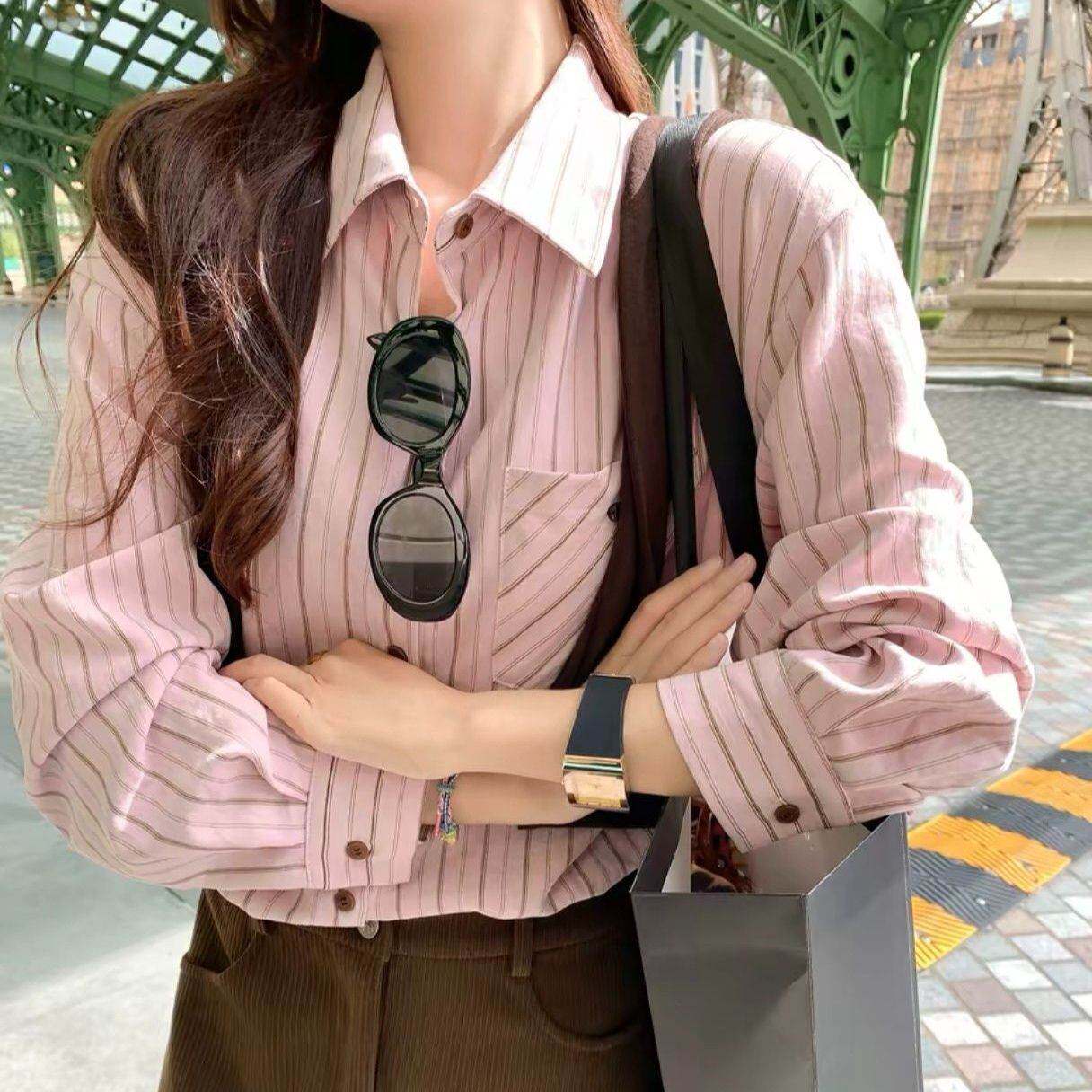 条纹宽松衬衫高级感气质百搭衬衣上衣春秋季新款休闲外穿内搭外套