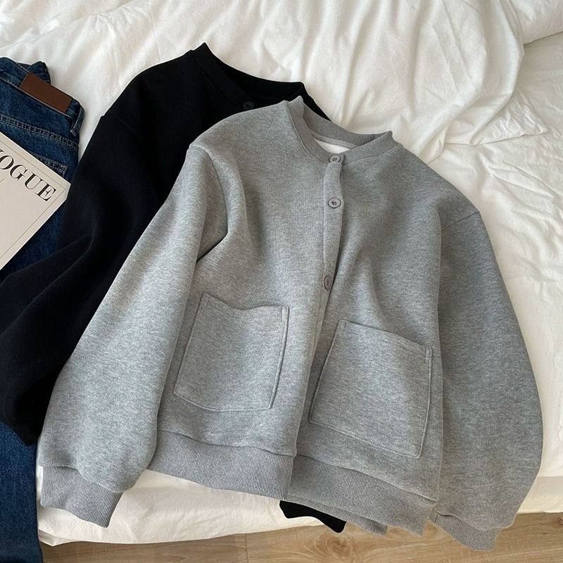 小个子显瘦灰色加绒棒球服外套女秋冬季加厚黑色纽扣休闲开衫卫衣