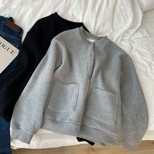 小个子显瘦灰色加绒棒球服外套女秋冬季加厚黑色纽扣休闲开衫卫衣
