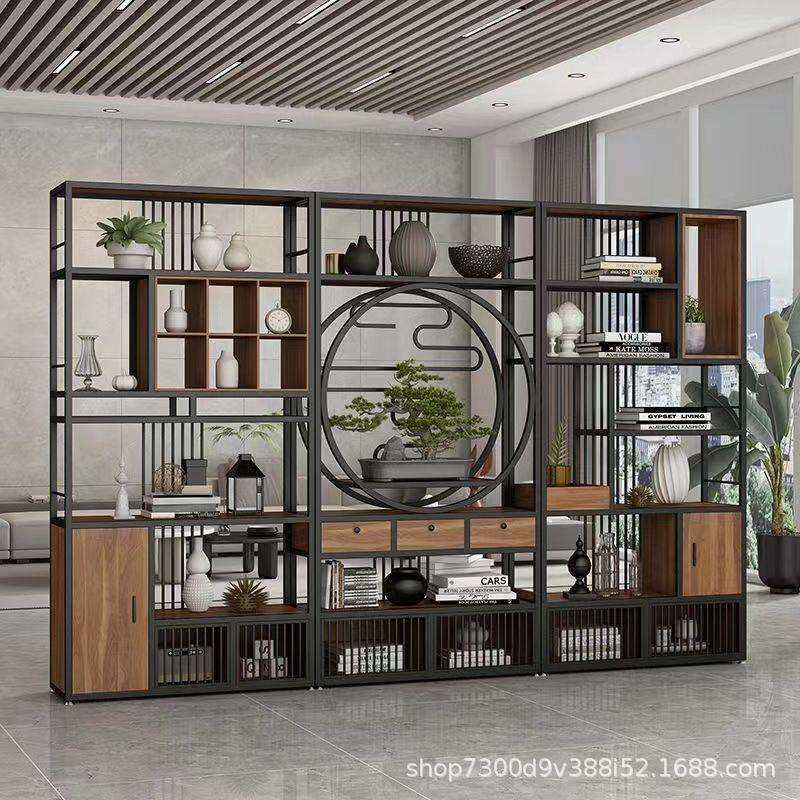 新中式置物架办公室铁艺隔断茶室简约书架客厅轻奢创意实木博古架