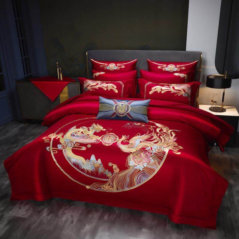龙凤刺绣大红色四件套长绒棉被套备婚床上用品南通叠石桥家纺